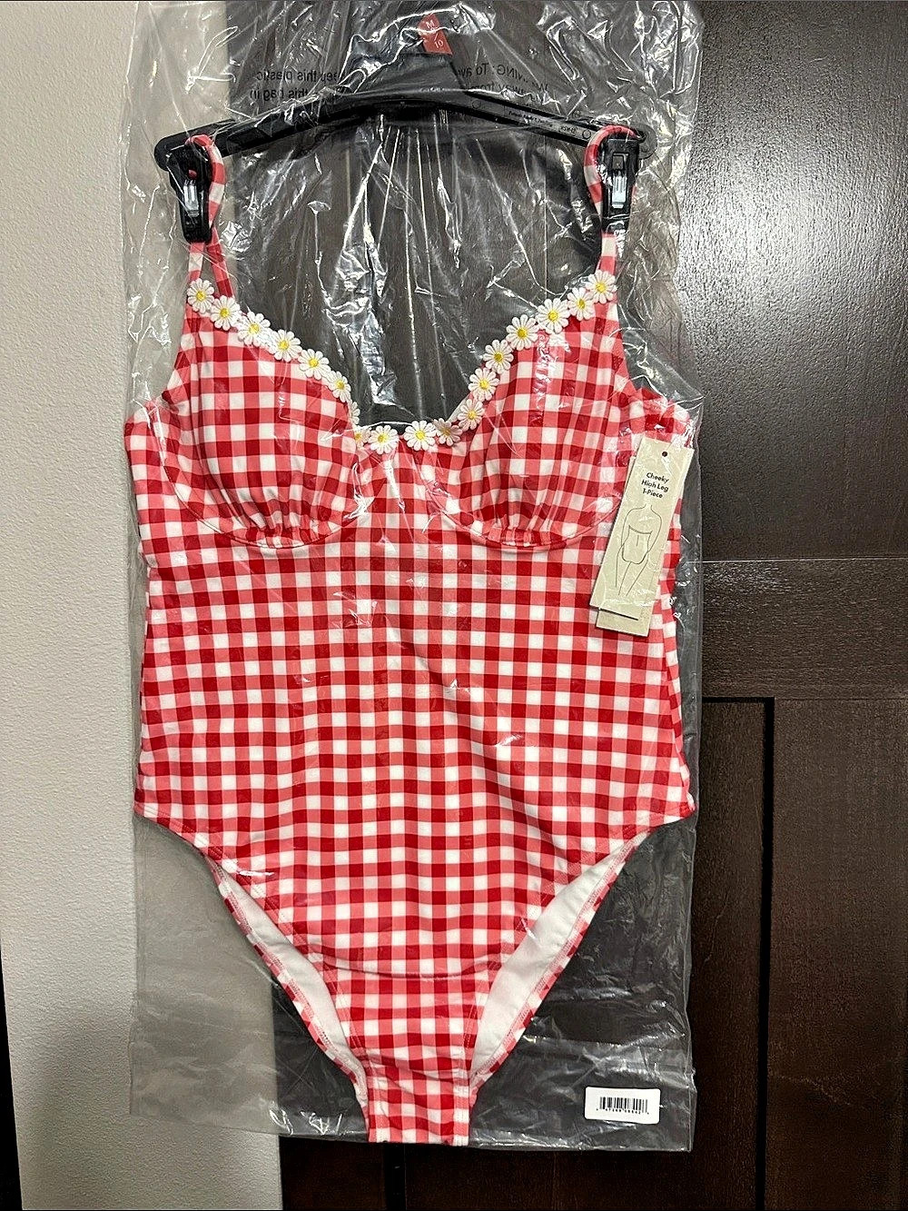 No Boundaries Red & White Gingham Daisy Trim Underwire 1-Piece Swimsuit
